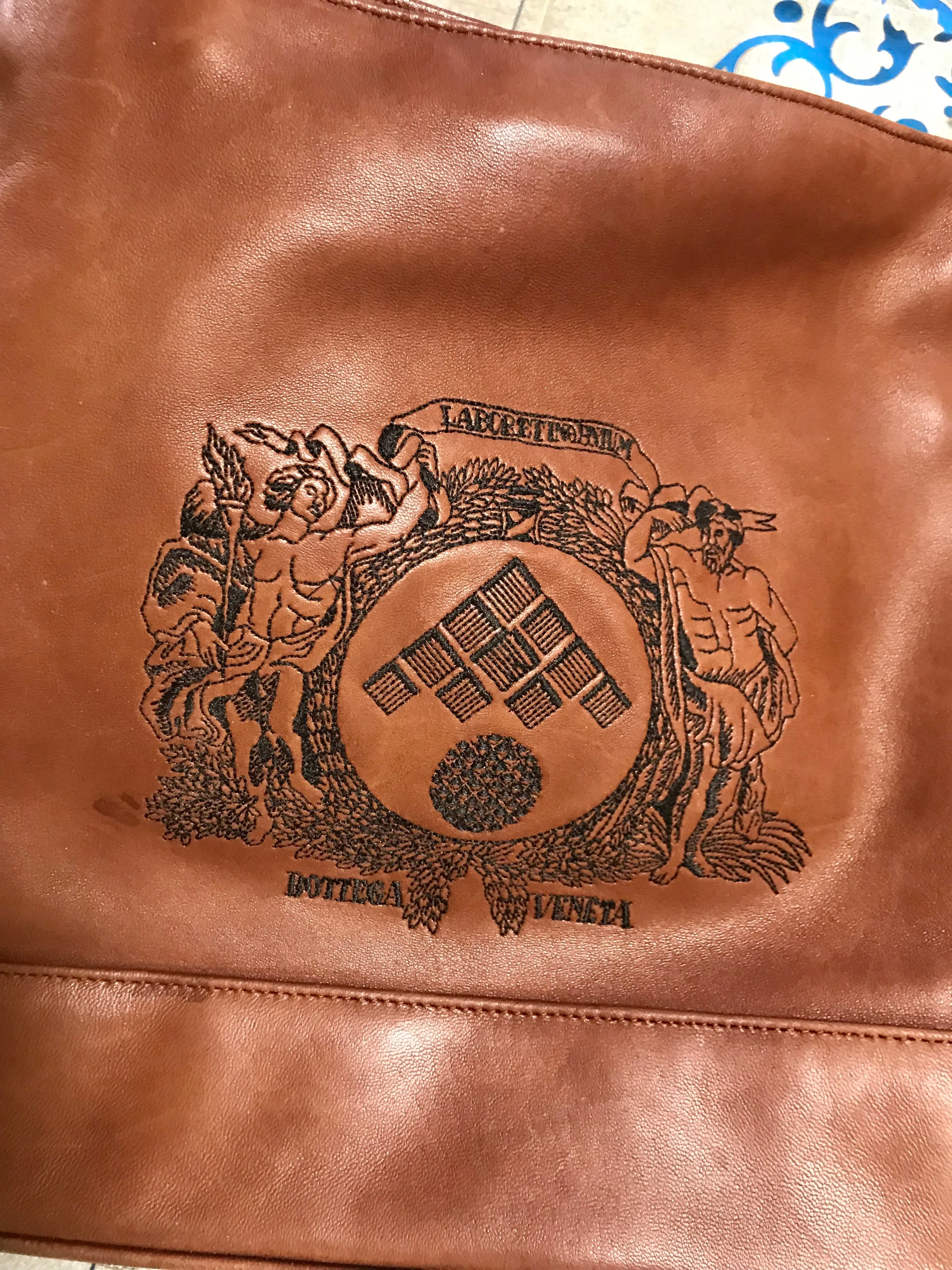 1990s. Vintage Bottega Veneta brown leather shoulder tote bag with logo embroidery. Claissic daily use bag.
