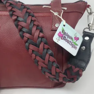 BLACK AND BURGUNDY BRAIDED LEATHER SHOULDER STRAP