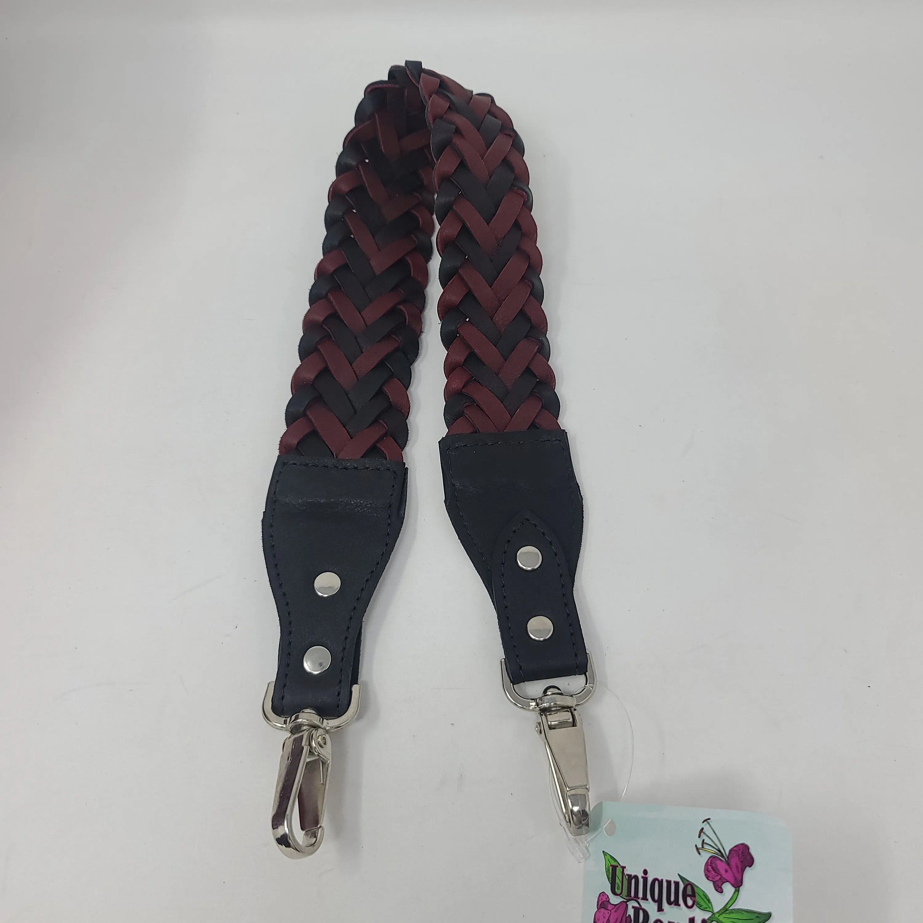 BLACK AND BURGUNDY BRAIDED LEATHER SHOULDER STRAP