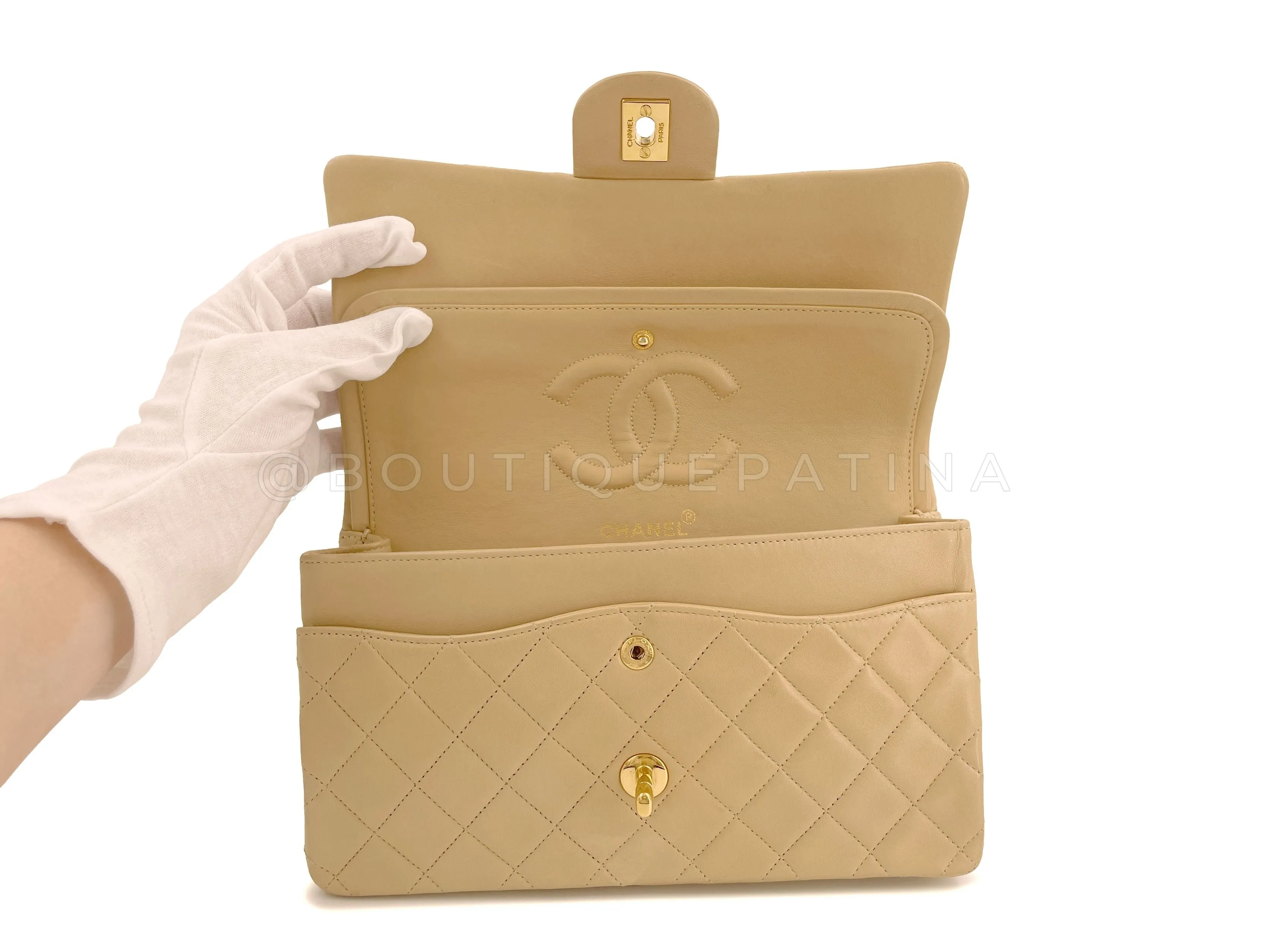 Chanel 1996 Vintage Beige Medium Classic Double Flap Bag 24k GHW