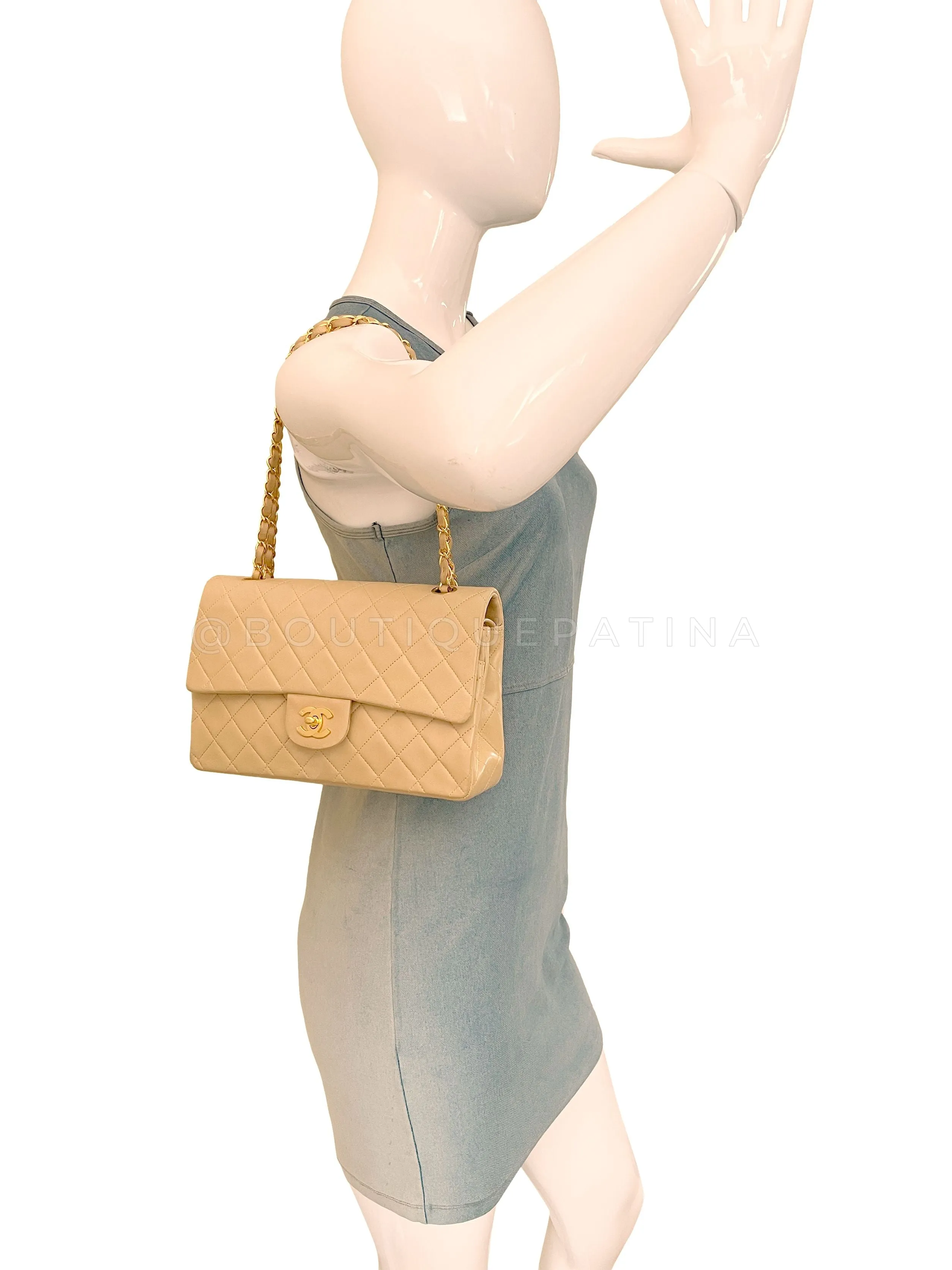 Chanel 1996 Vintage Beige Medium Classic Double Flap Bag 24k GHW