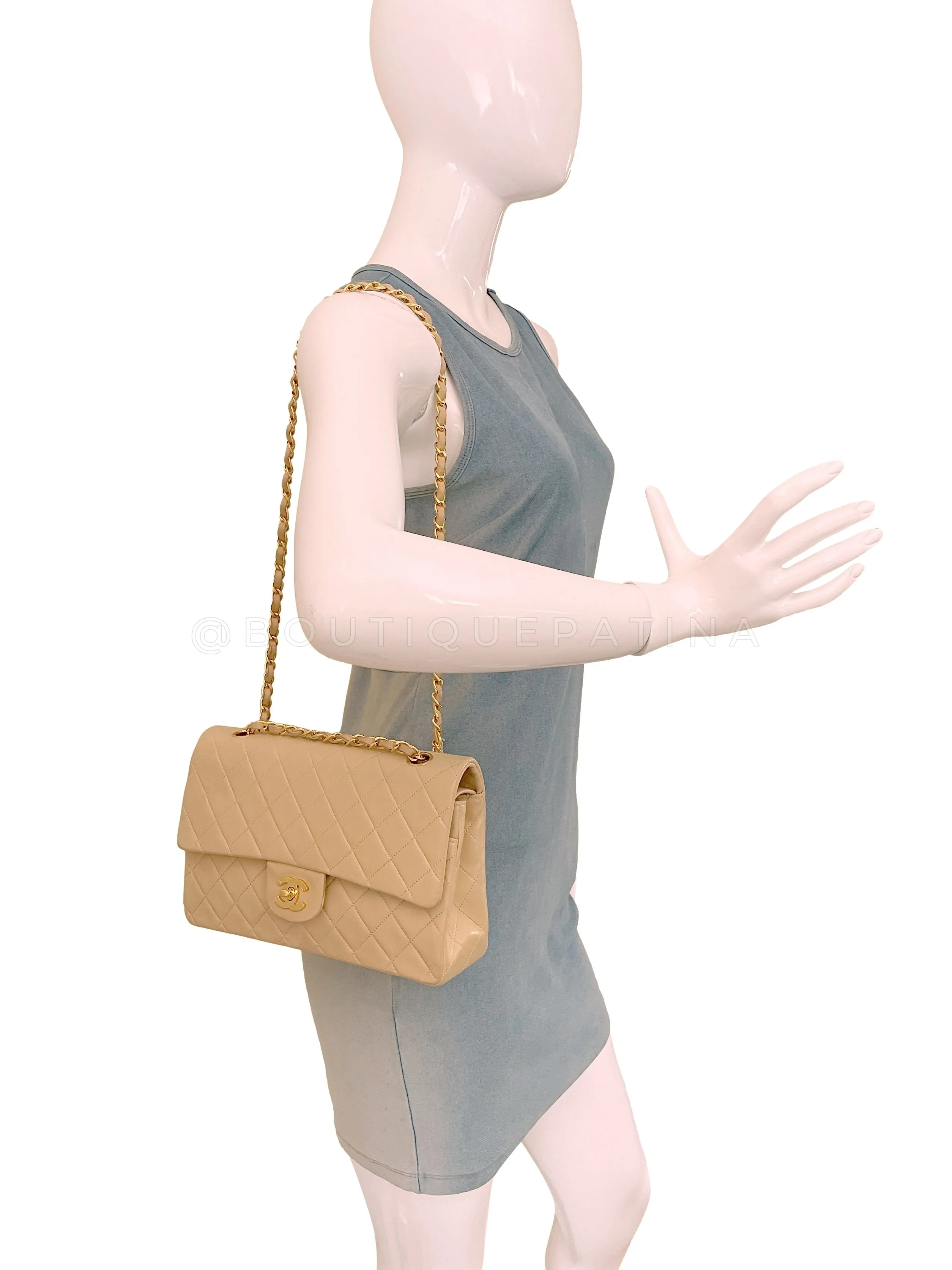 Chanel 1996 Vintage Beige Medium Classic Double Flap Bag 24k GHW