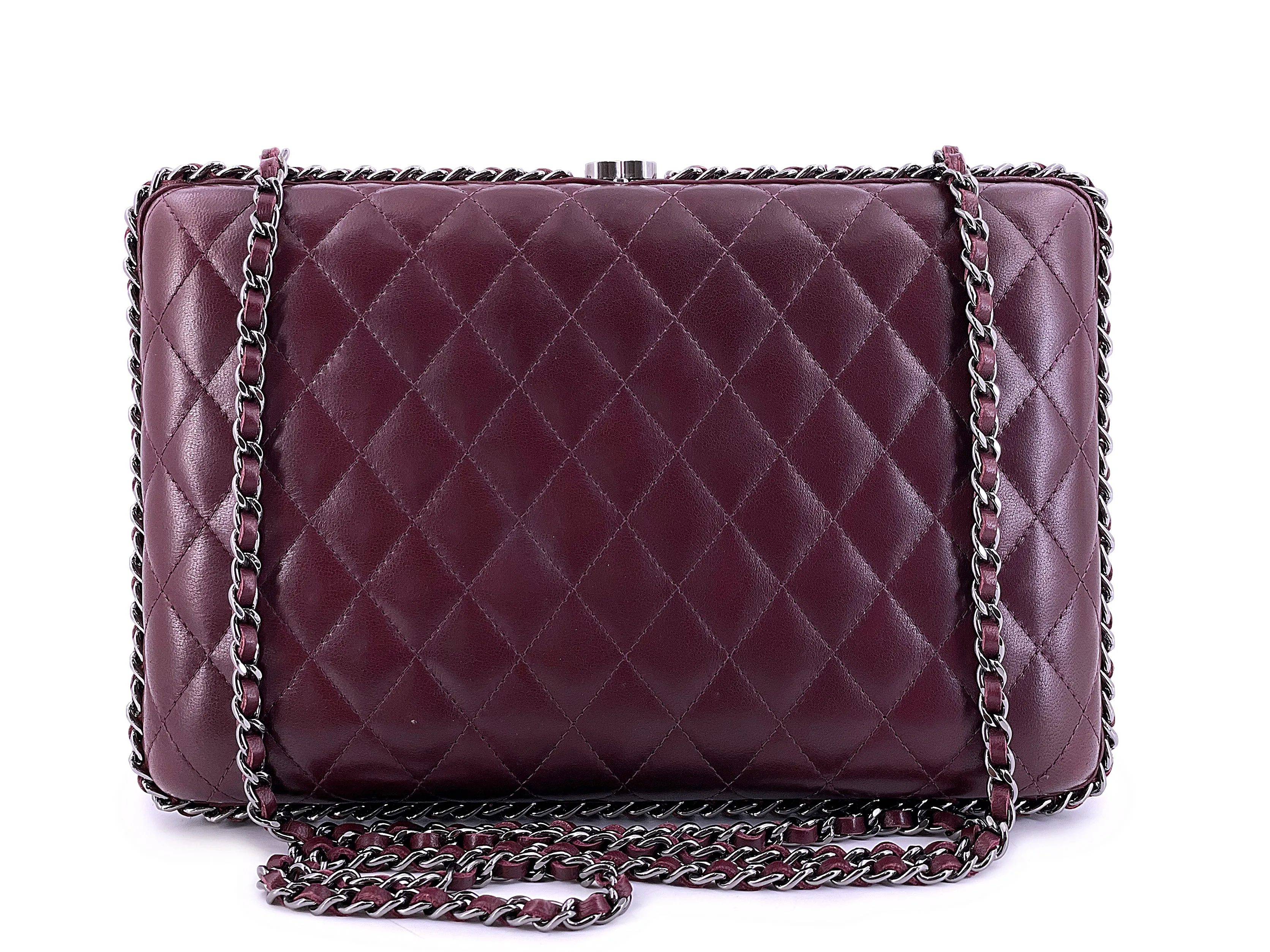 Chanel 2012 Bordeaux Burgundy Oversizsed Hard Quilted Chain Around Clutch Bag RHW