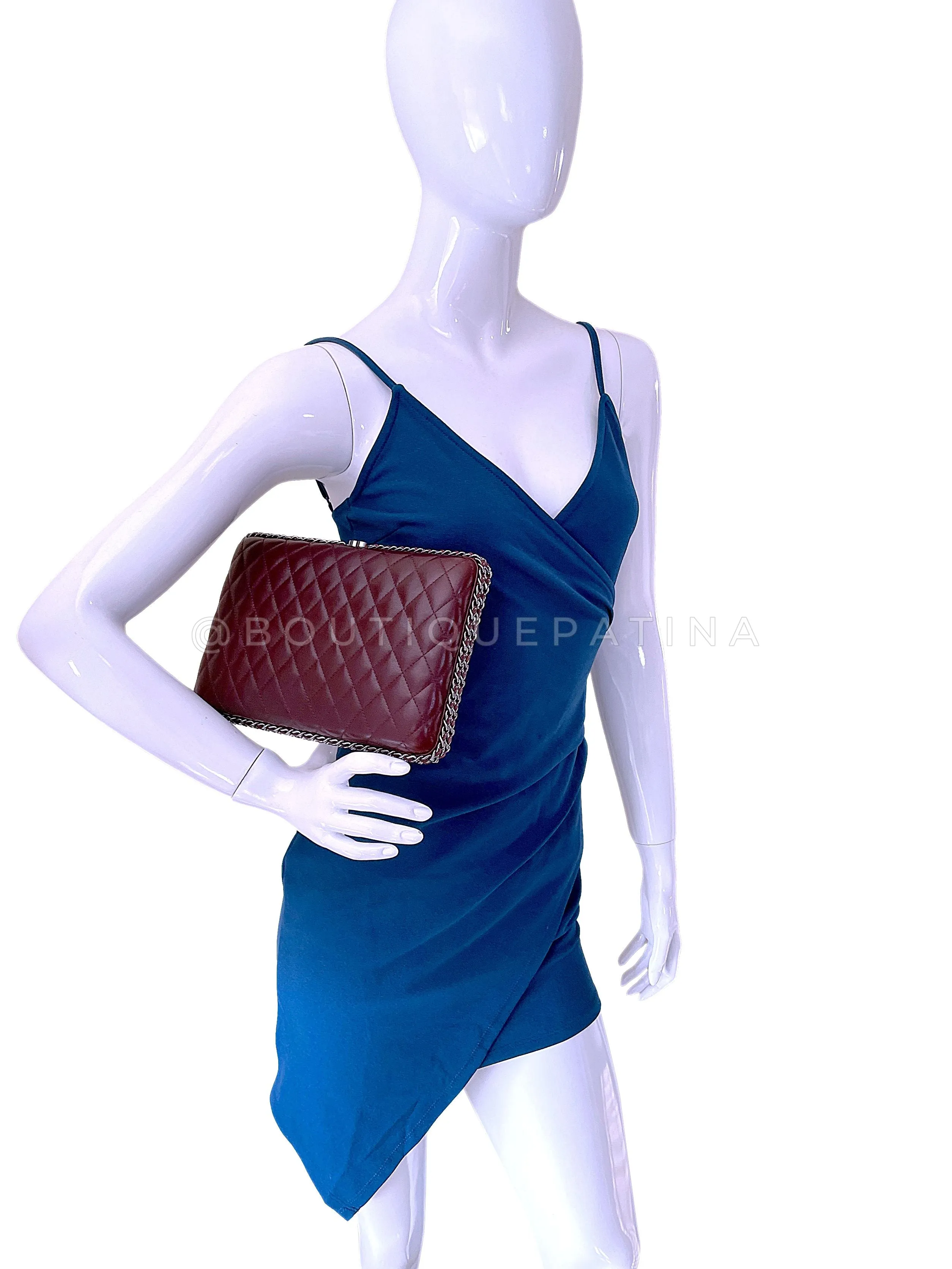 Chanel 2012 Bordeaux Burgundy Oversizsed Hard Quilted Chain Around Clutch Bag RHW
