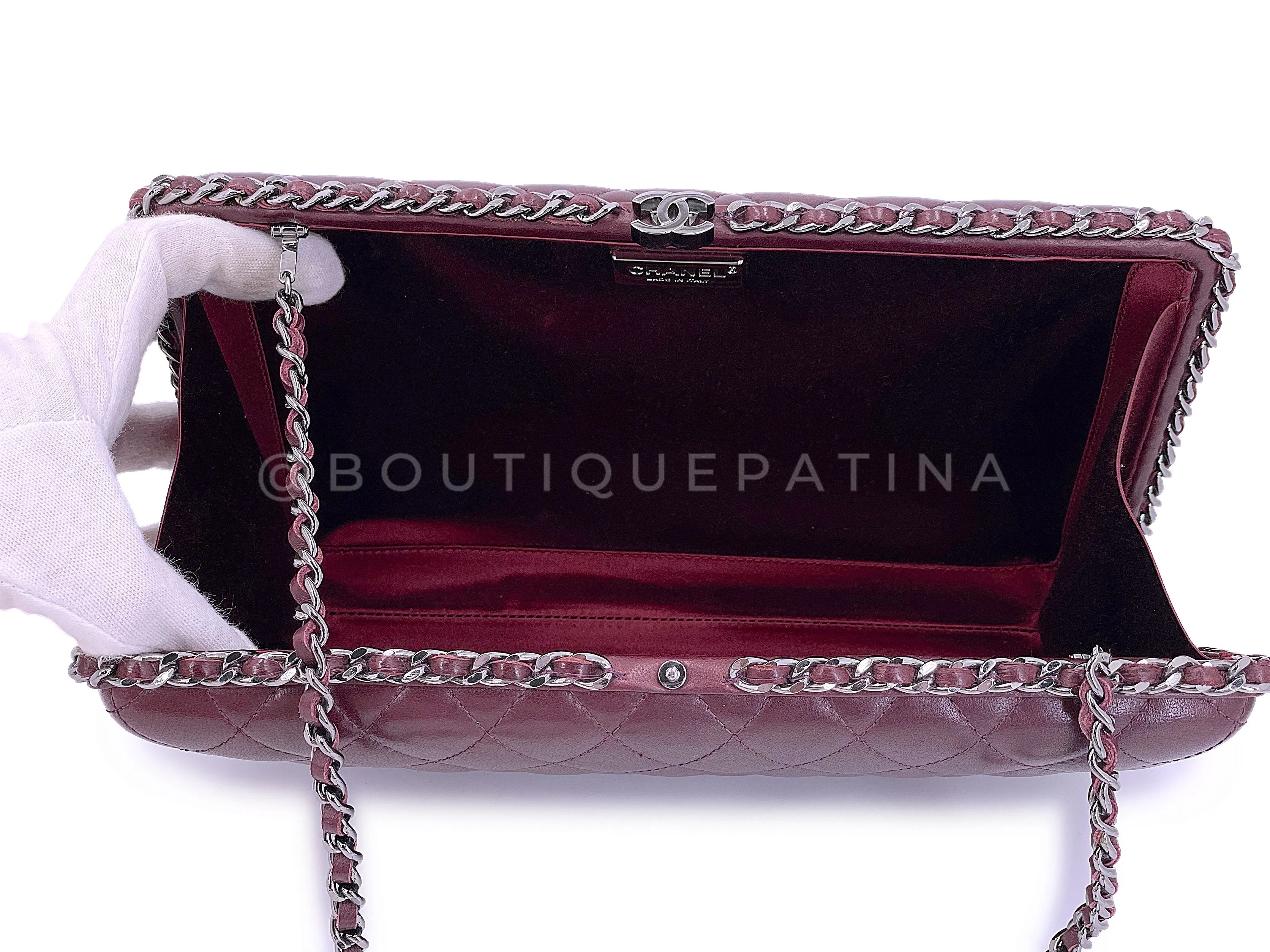 Chanel 2012 Bordeaux Burgundy Oversizsed Hard Quilted Chain Around Clutch Bag RHW