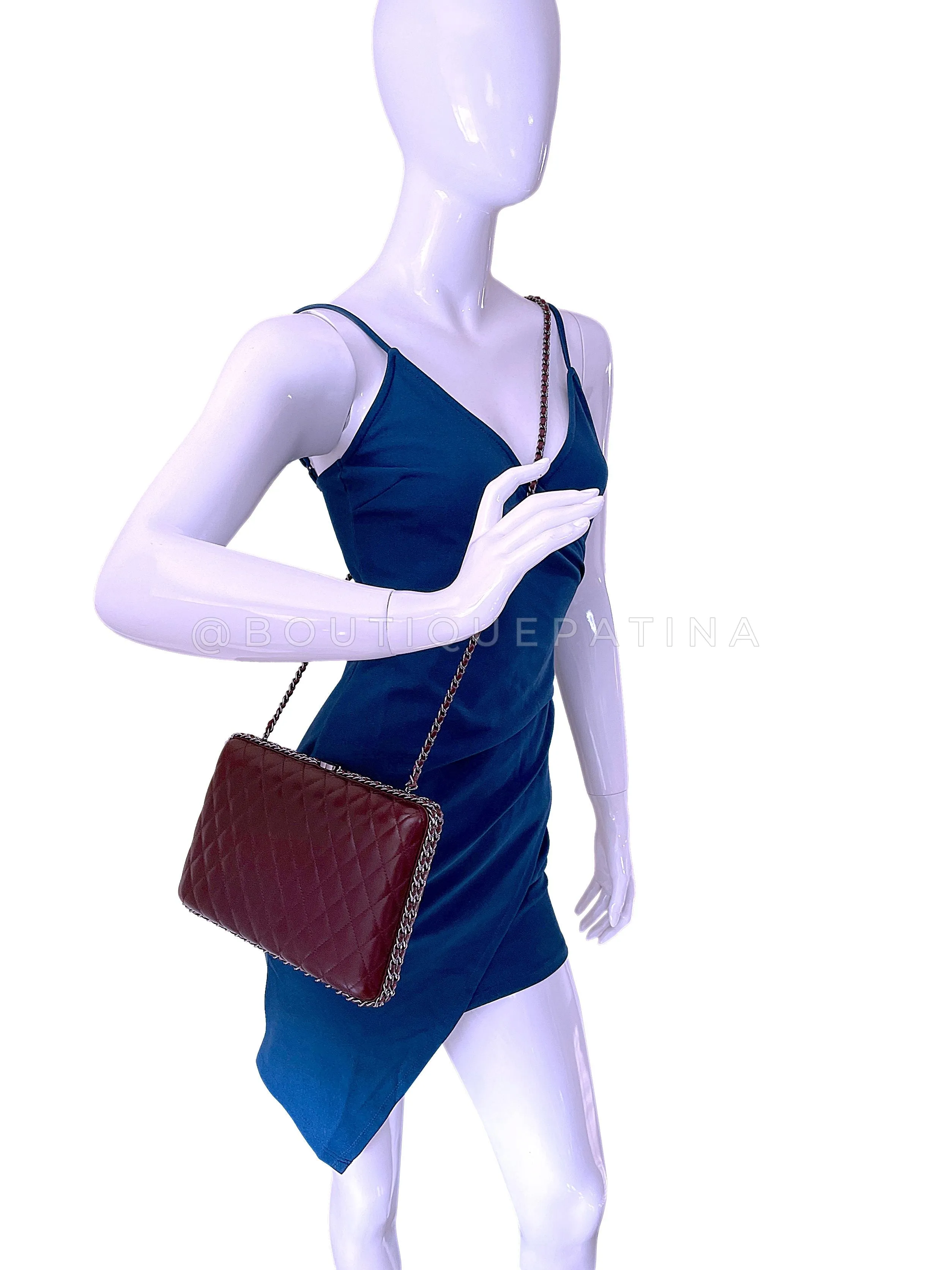 Chanel 2012 Bordeaux Burgundy Oversizsed Hard Quilted Chain Around Clutch Bag RHW