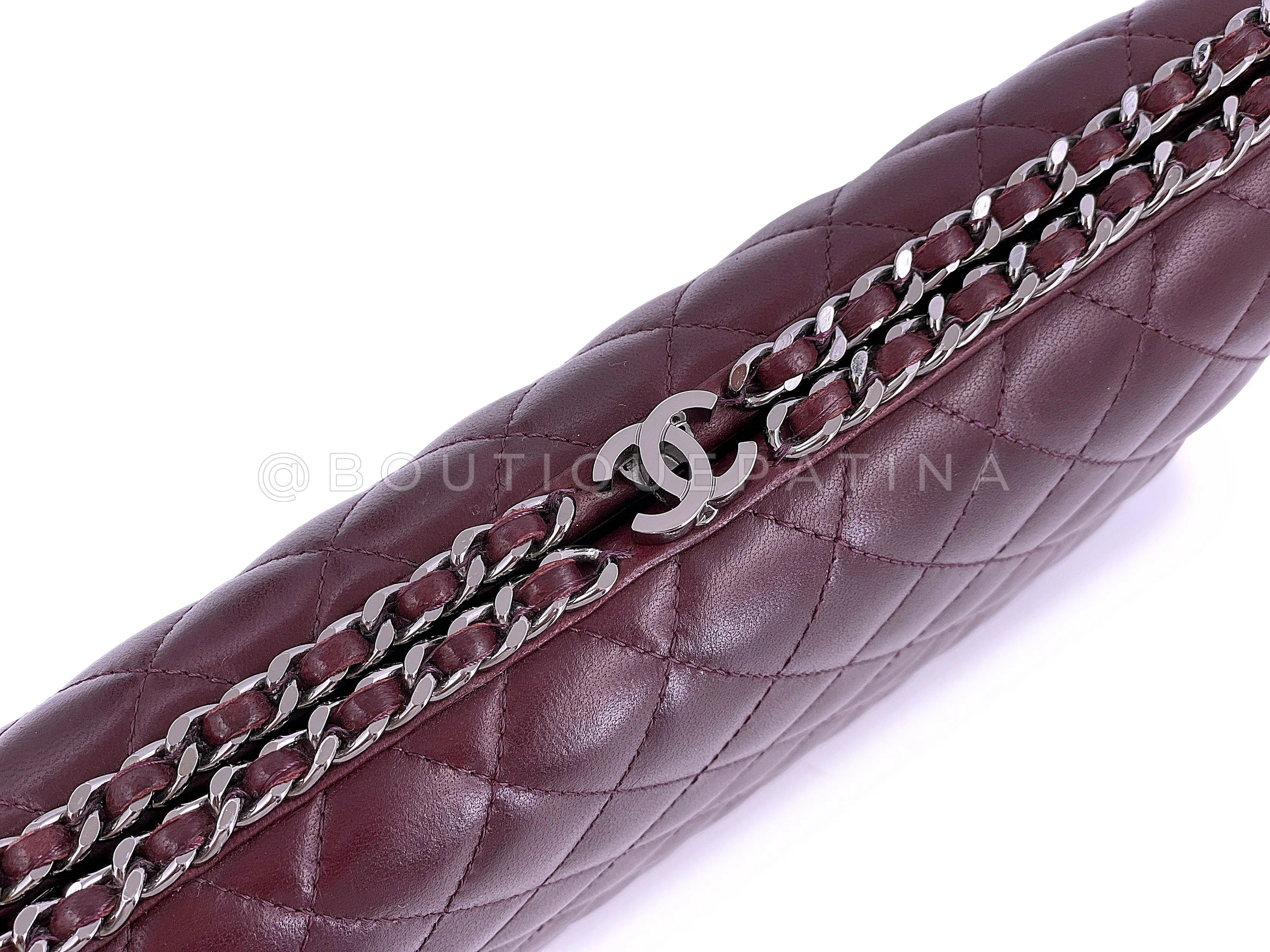 Chanel 2012 Bordeaux Burgundy Oversizsed Hard Quilted Chain Around Clutch Bag RHW