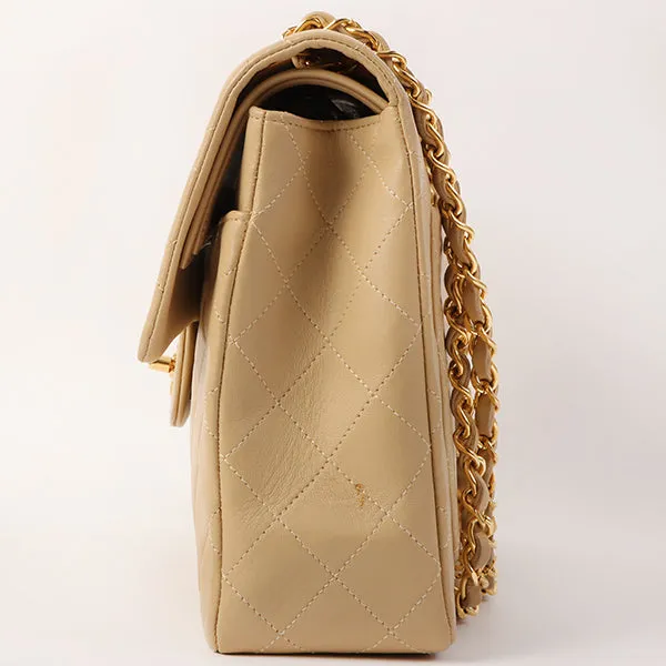 CHANEL Around 1990 Made Big Square Classic Flap Chain Bag Beige