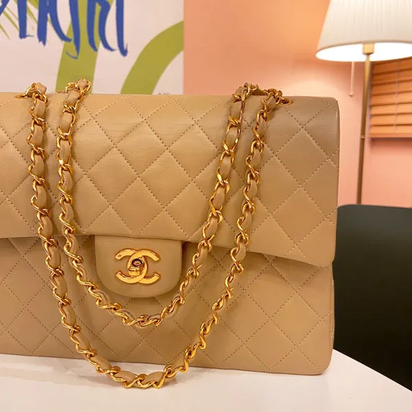 CHANEL Around 1990 Made Big Square Classic Flap Chain Bag Beige
