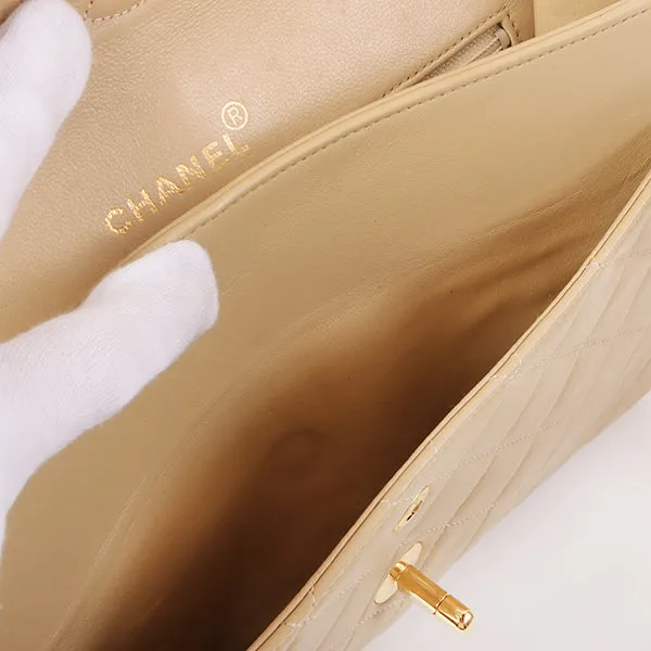 CHANEL Around 1990 Made Big Square Classic Flap Chain Bag Beige