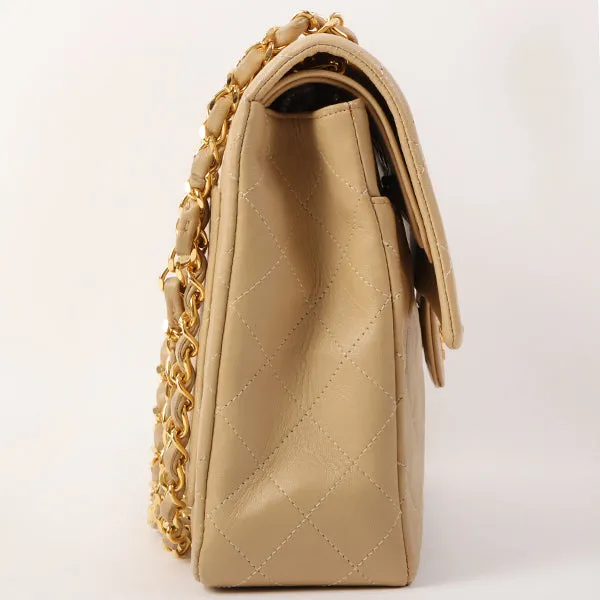 CHANEL Around 1990 Made Big Square Classic Flap Chain Bag Beige