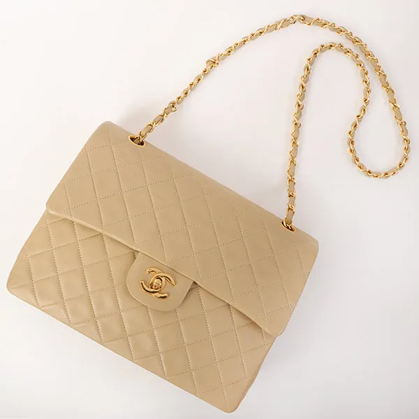 CHANEL Around 1990 Made Big Square Classic Flap Chain Bag Beige