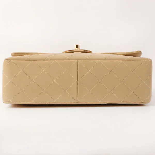 CHANEL Around 1990 Made Big Square Classic Flap Chain Bag Beige