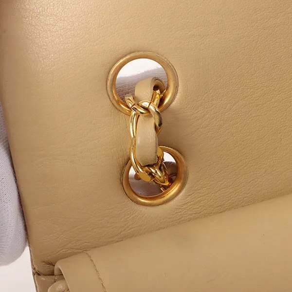 CHANEL Around 1990 Made Big Square Classic Flap Chain Bag Beige