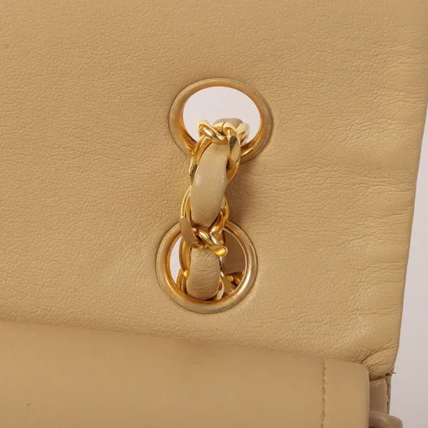 CHANEL Around 1990 Made Big Square Classic Flap Chain Bag Beige
