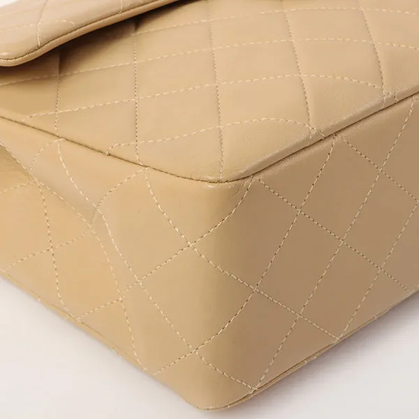 CHANEL Around 1990 Made Big Square Classic Flap Chain Bag Beige
