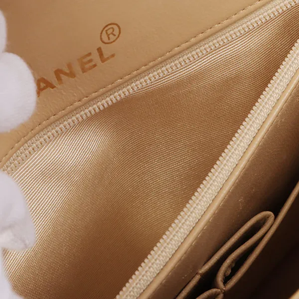 CHANEL Around 1990 Made Big Square Classic Flap Chain Bag Beige