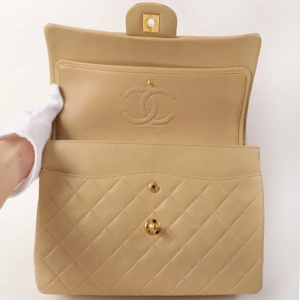 CHANEL Around 1990 Made Big Square Classic Flap Chain Bag Beige