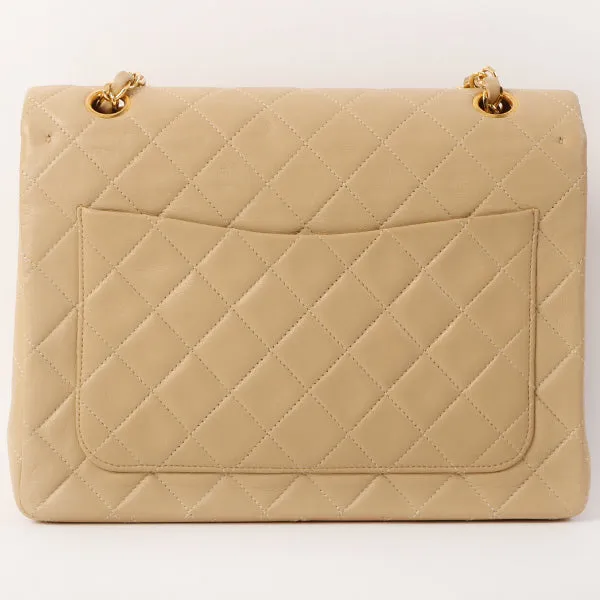 CHANEL Around 1990 Made Big Square Classic Flap Chain Bag Beige