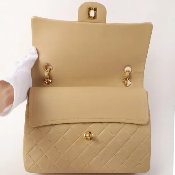 CHANEL Around 1990 Made Big Square Classic Flap Chain Bag Beige