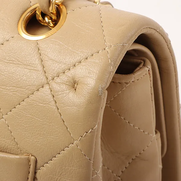 CHANEL Around 1990 Made Big Square Classic Flap Chain Bag Beige