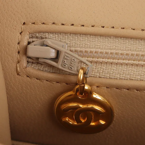 CHANEL Around 1990 Made Big Square Classic Flap Chain Bag Beige