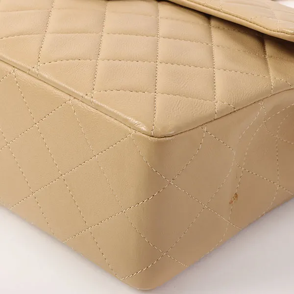 CHANEL Around 1990 Made Big Square Classic Flap Chain Bag Beige