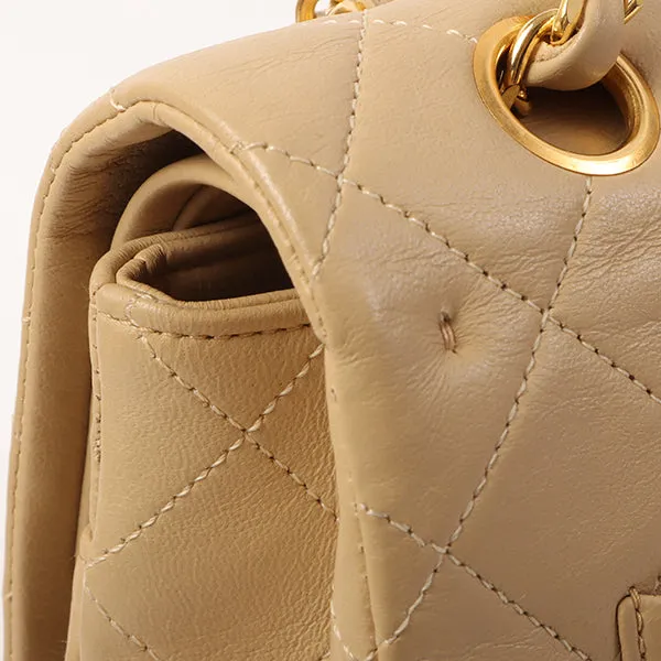 CHANEL Around 1990 Made Big Square Classic Flap Chain Bag Beige