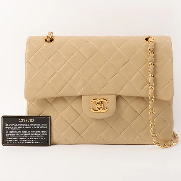 CHANEL Around 1990 Made Big Square Classic Flap Chain Bag Beige