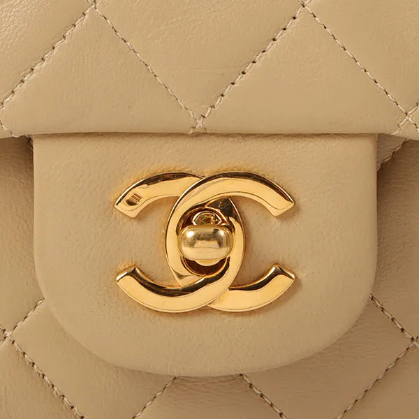 CHANEL Around 1990 Made Big Square Classic Flap Chain Bag Beige