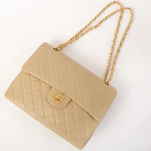 CHANEL Around 1990 Made Big Square Classic Flap Chain Bag Beige