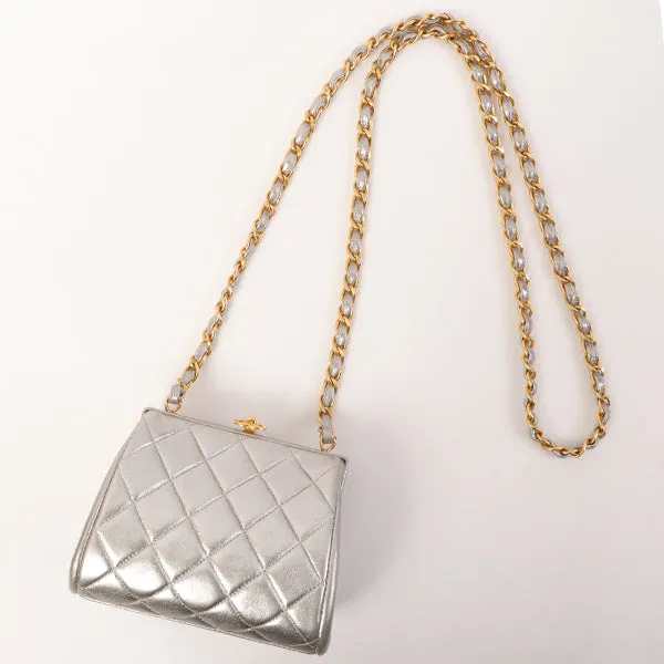 Chanel Around 1997 Made Turn-Lock Metal Clasp Chain Bag Silver