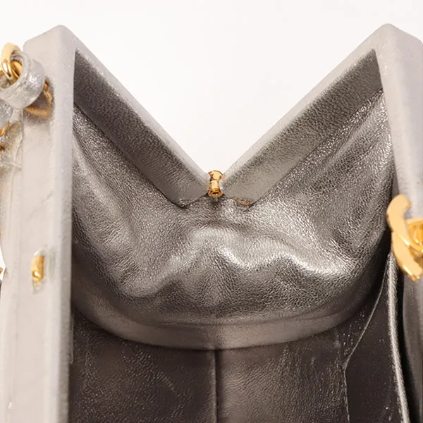 Chanel Around 1997 Made Turn-Lock Metal Clasp Chain Bag Silver