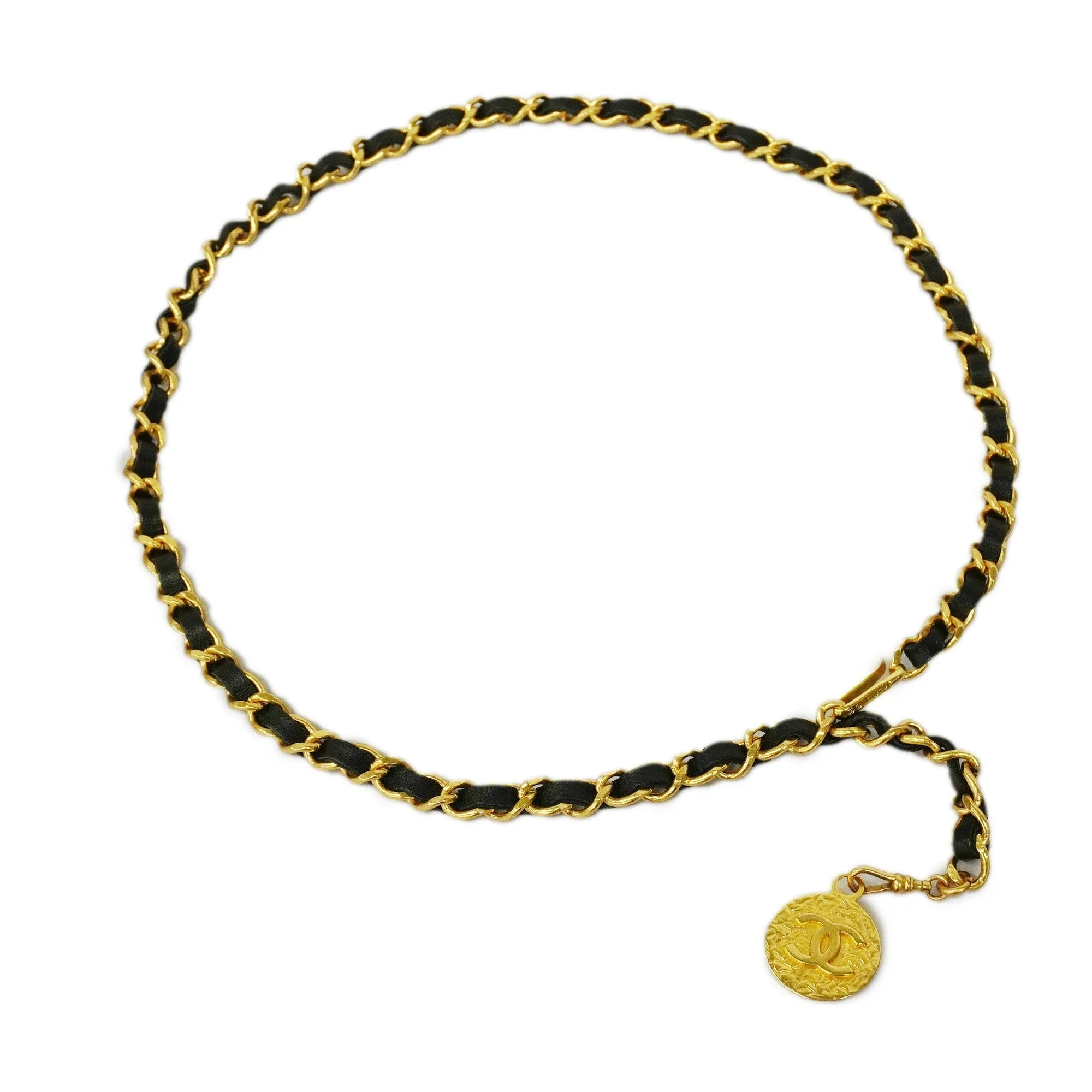 CHANEL  Belt Gold Metal Women's Leather Chain Belt Black
