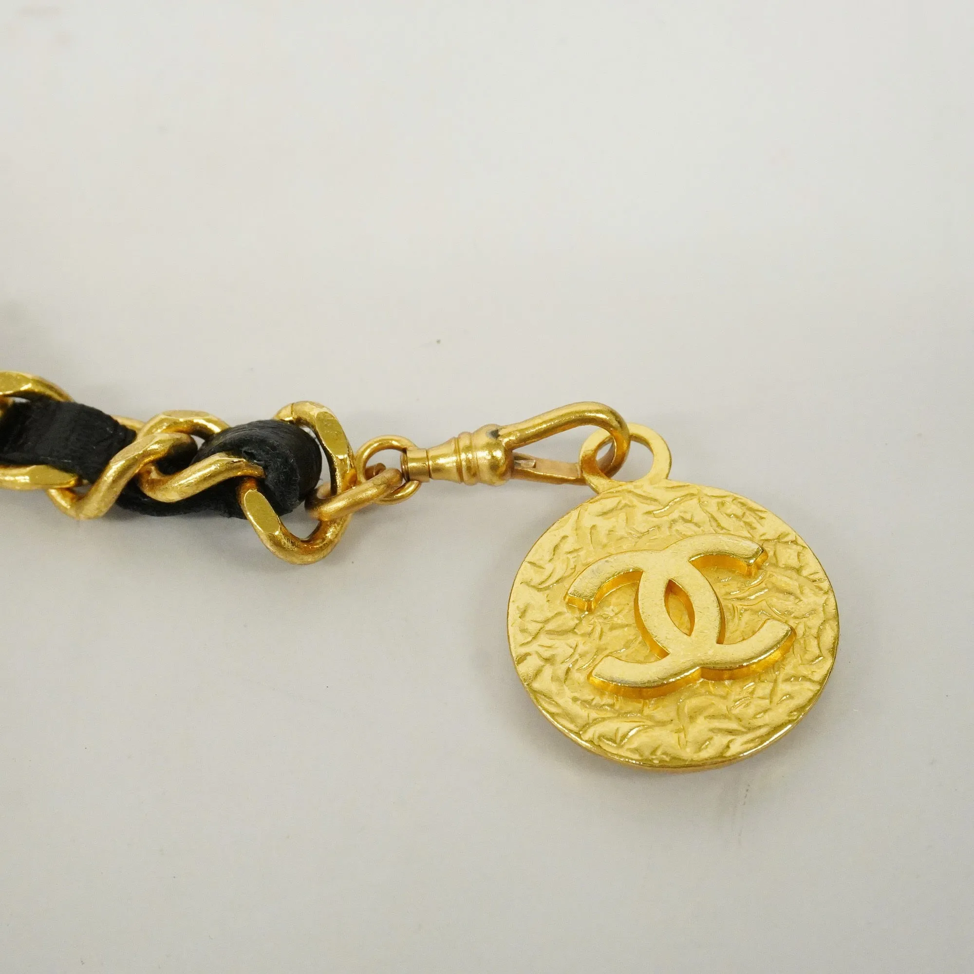 CHANEL  Belt Gold Metal Women's Leather Chain Belt Black