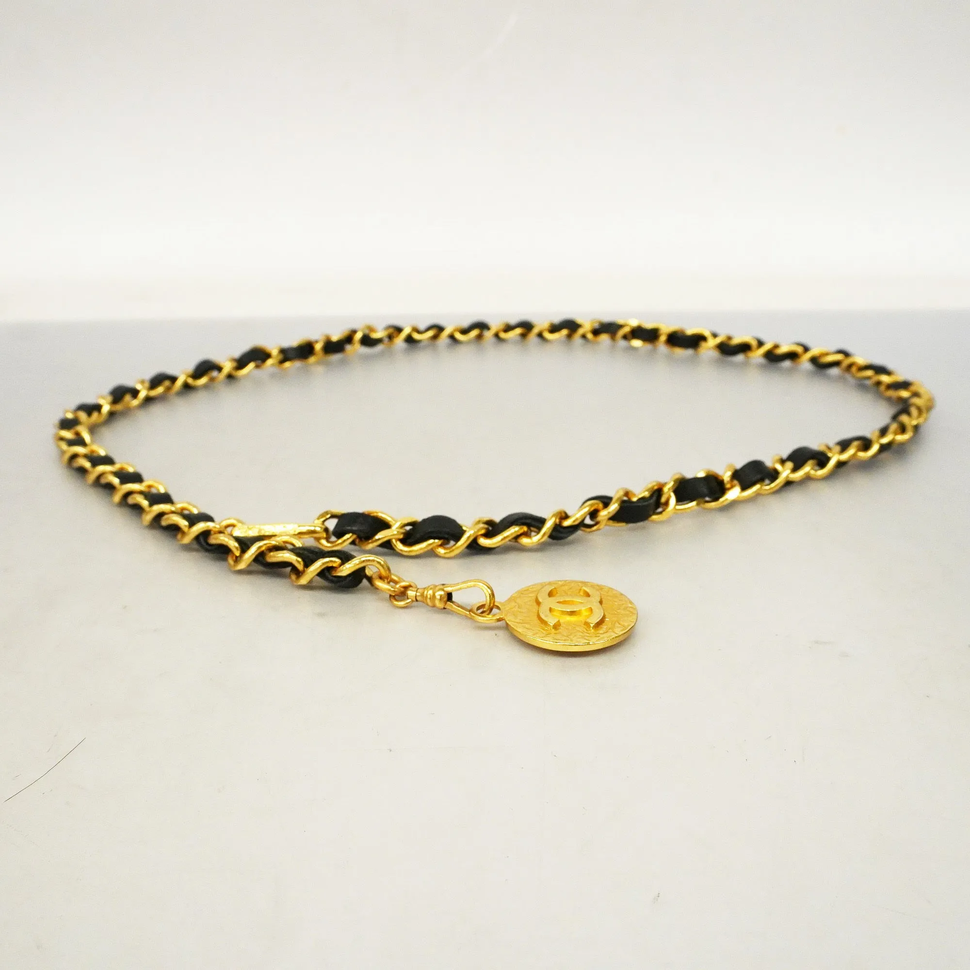 CHANEL  Belt Gold Metal Women's Leather Chain Belt Black
