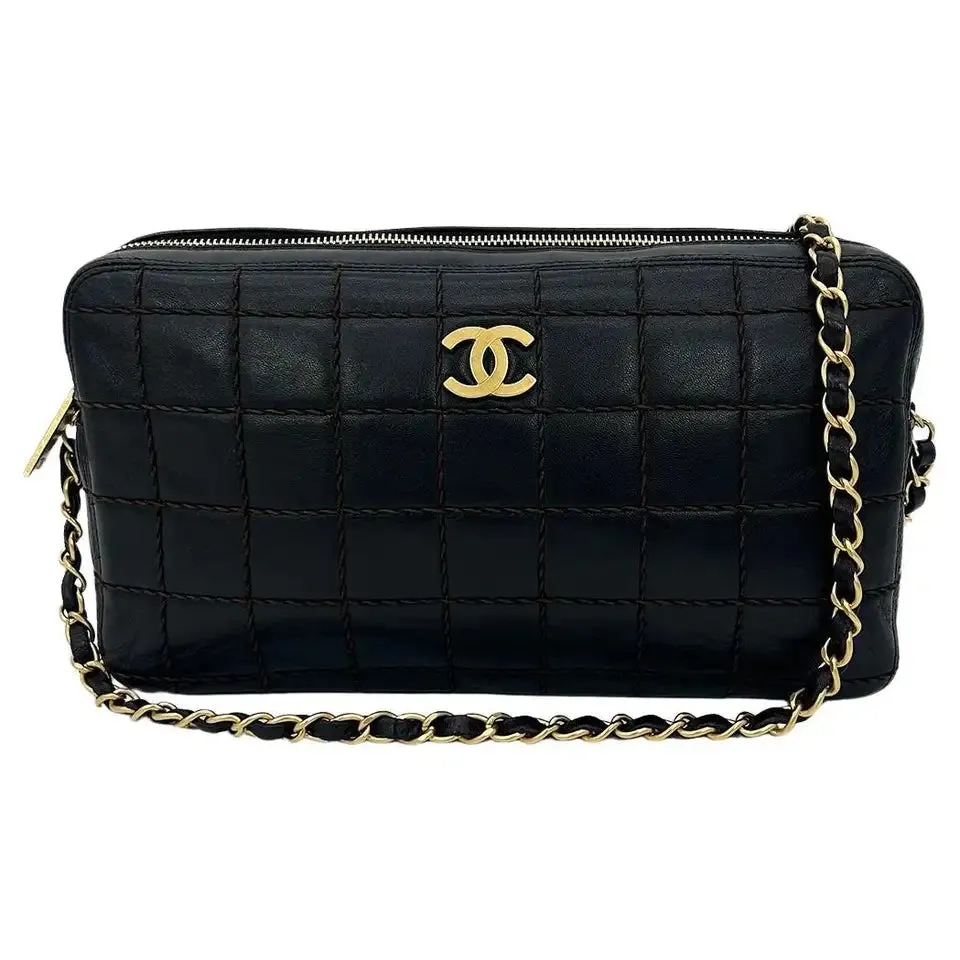 Chanel Black Square Quilted East West Chocolate Bar Bag