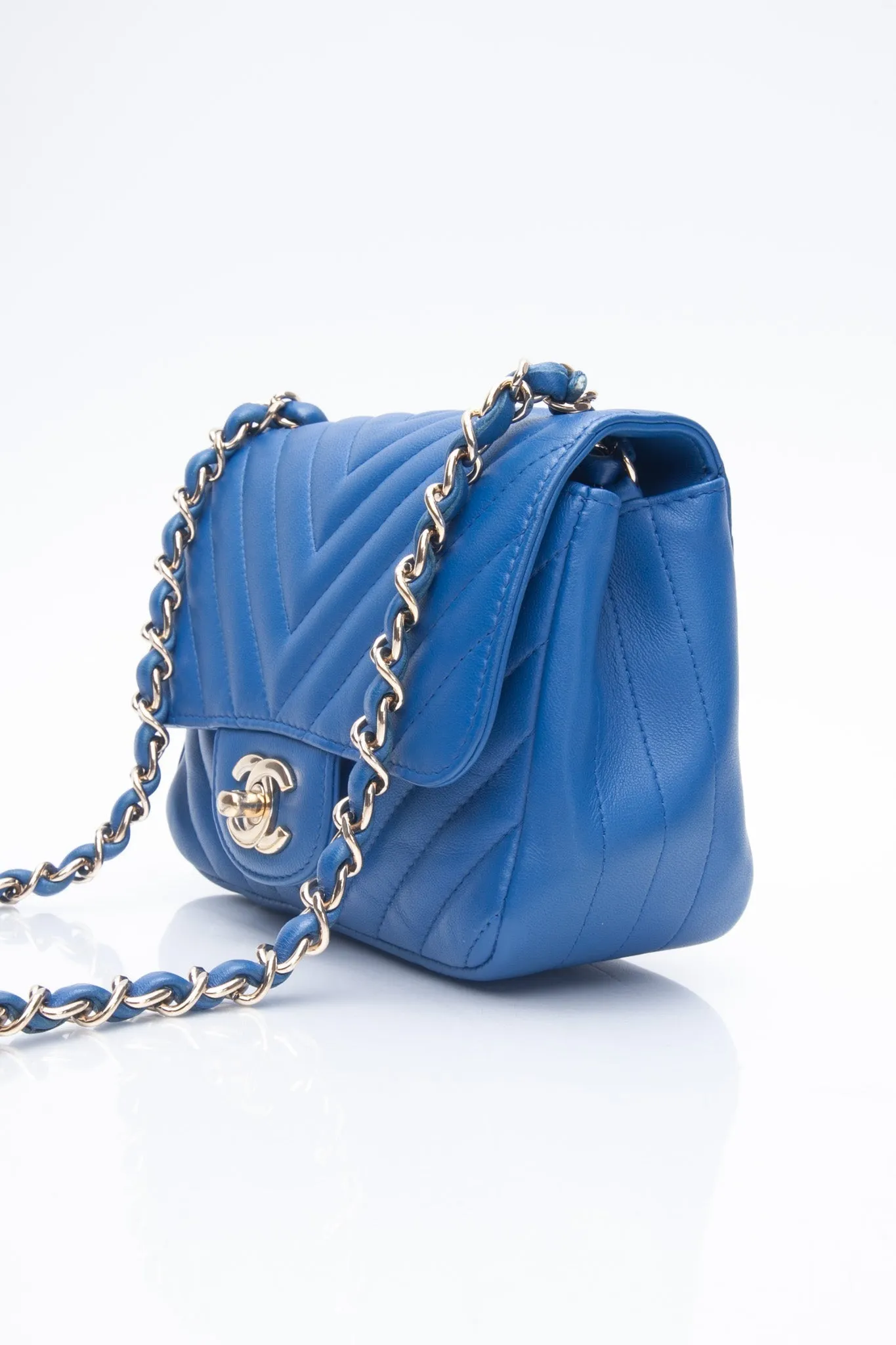 CHANEL Chevron Lambskin Blue Leather Square Mini Flap Bag
