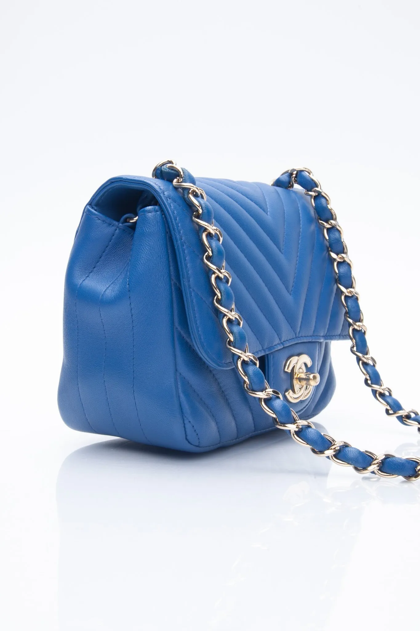 CHANEL Chevron Lambskin Blue Leather Square Mini Flap Bag