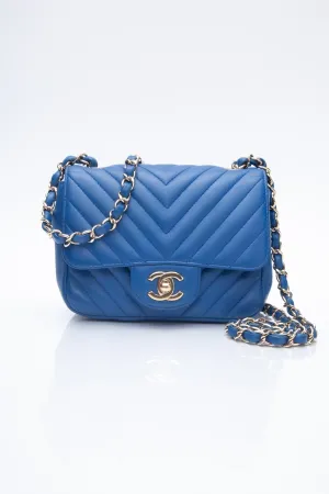 CHANEL Chevron Lambskin Blue Leather Square Mini Flap Bag