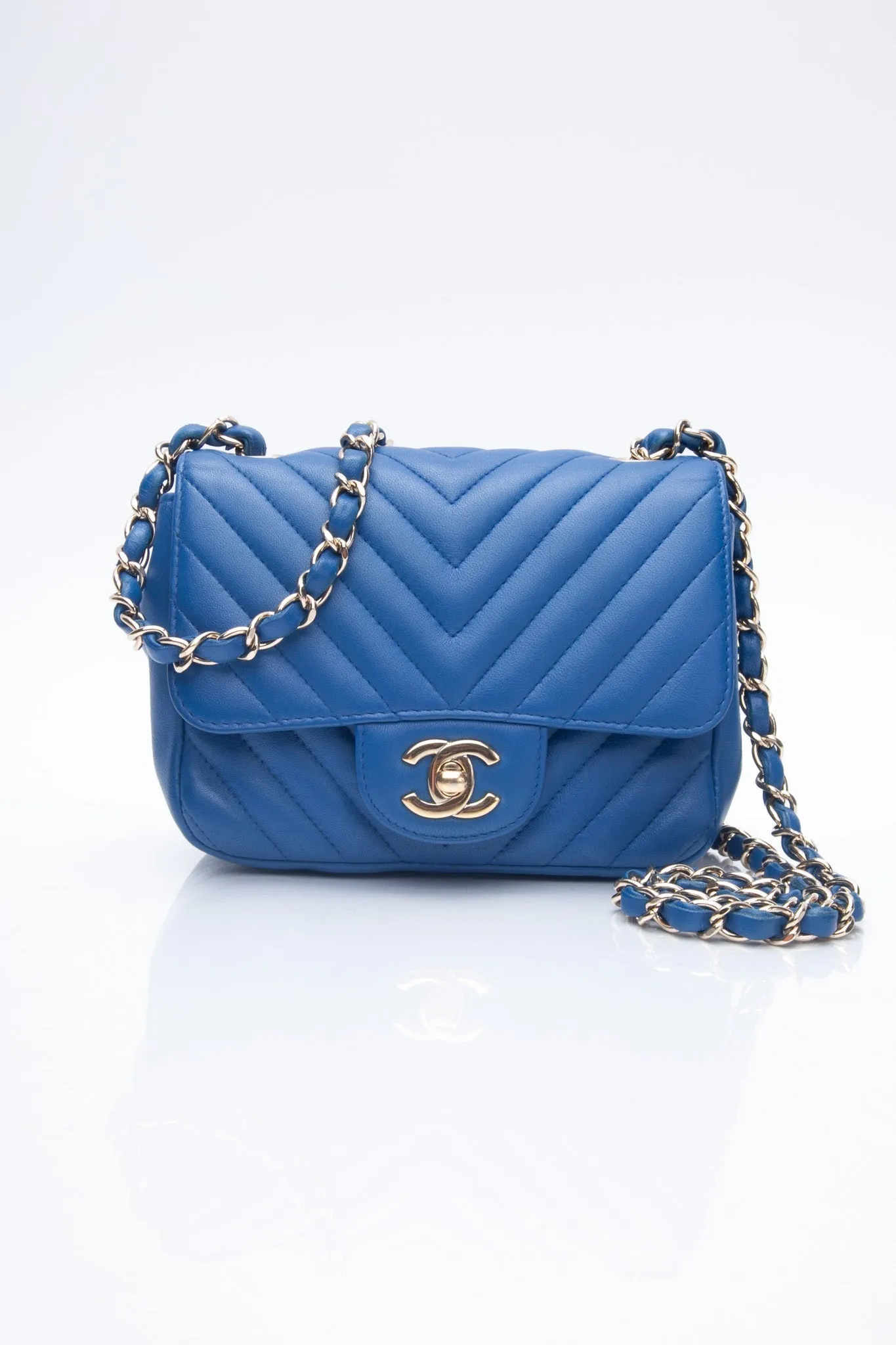 CHANEL Chevron Lambskin Blue Leather Square Mini Flap Bag