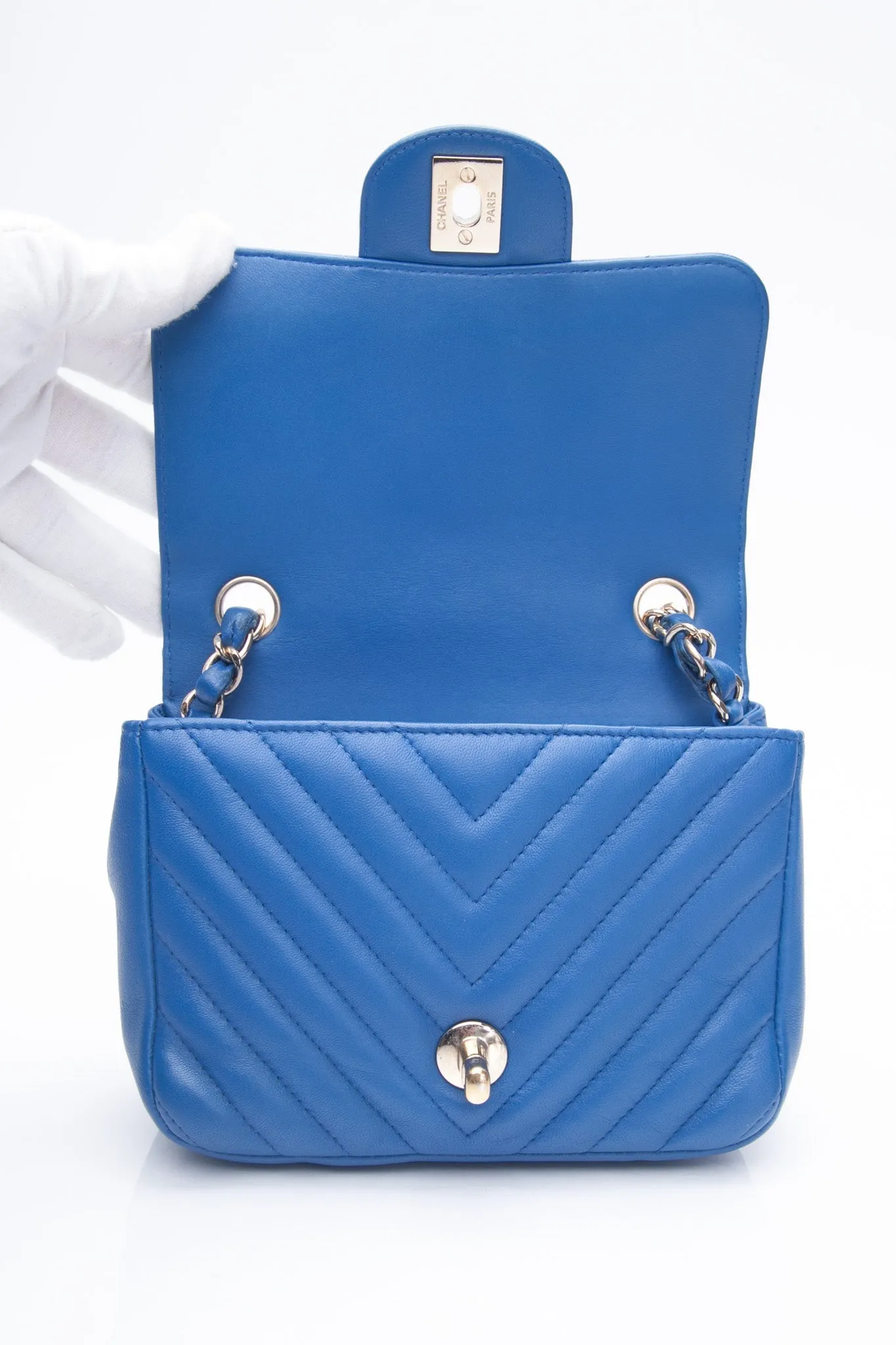 CHANEL Chevron Lambskin Blue Leather Square Mini Flap Bag