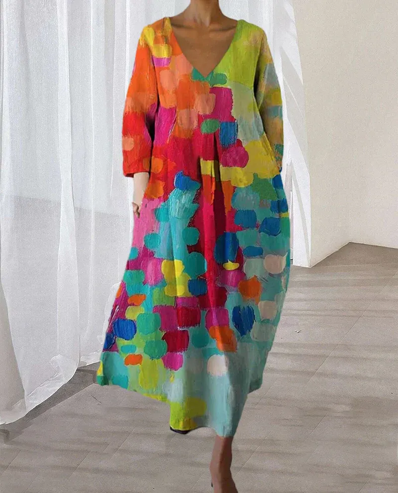 Colorful printed dress with V-neckline