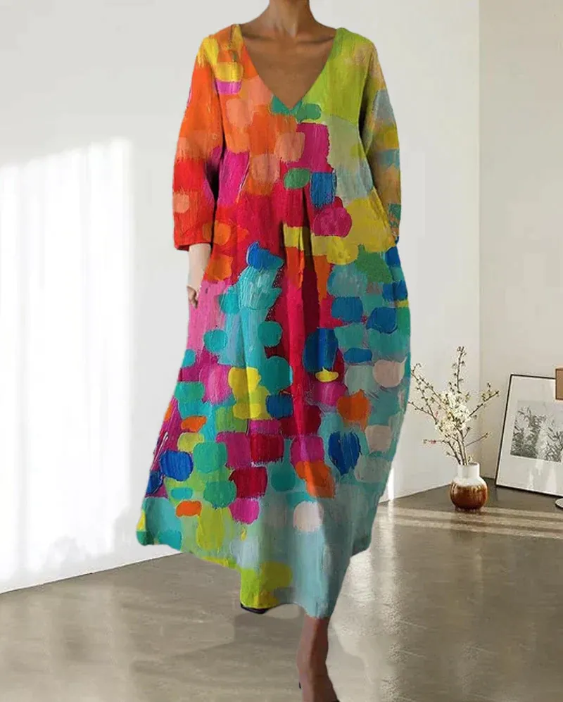 Colorful printed dress with V-neckline