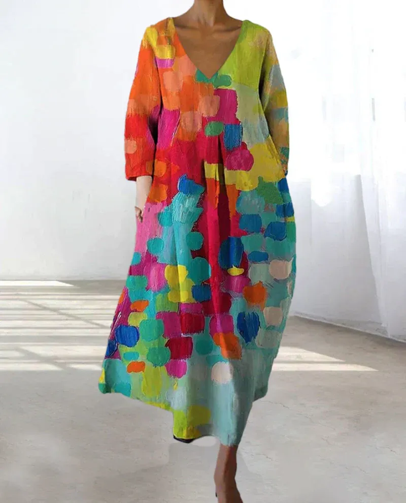 Colorful printed dress with V-neckline