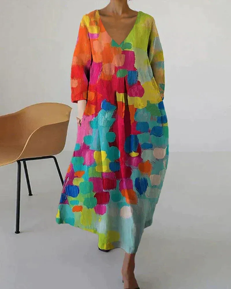 Colorful printed dress with V-neckline
