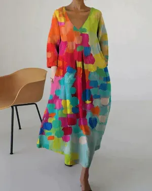 Colorful printed dress with V-neckline