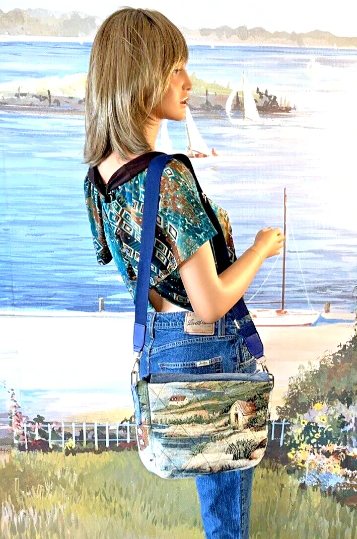 Handmade Upcycled Denim Embroidered Vintage Tapestry Bag w/Jean Pockets C801-21