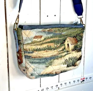 Handmade Upcycled Denim Embroidered Vintage Tapestry Bag w/Jean Pockets C801-21
