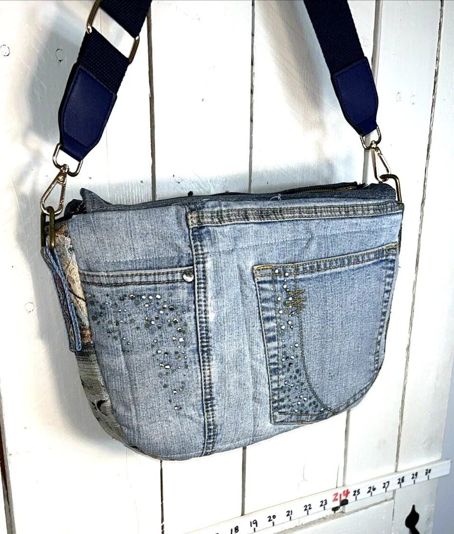 Handmade Upcycled Denim Embroidered Vintage Tapestry Bag w/Jean Pockets C801-21